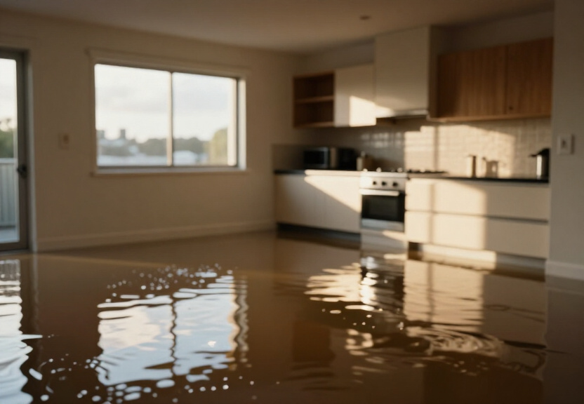 Flooded commercial space in Greendale before restoration